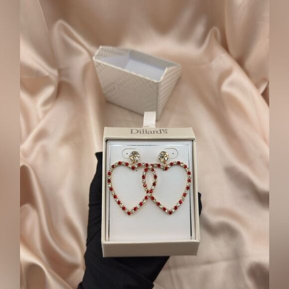 Red & Gold Crystal Heart Earrings – Statement Dangle Earrings - Picture 1 of 7